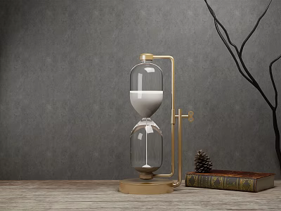 Decorative Ornaments Set Featuring Glass Hourglass with Golden Stand Vintage Book and Pine Cone 3d model
