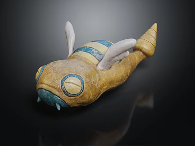 Bee Fish Hybrid Creature Sculpture Featuring Yellow Body Blue Stripes White Wings And Fish Tail 3d model