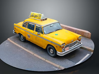 Classic Vintage Yellow Taxi With Rooftop Advertisement Parked On Street 3d model