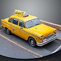 Classic Vintage Yellow Taxi With Rooftop Advertisement Parked On Street