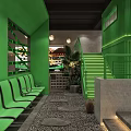 Tropical Modern Restaurant Interior Featuring Green Chairs Tables Moon Lights Thatched Umbrellas Indoor Plants