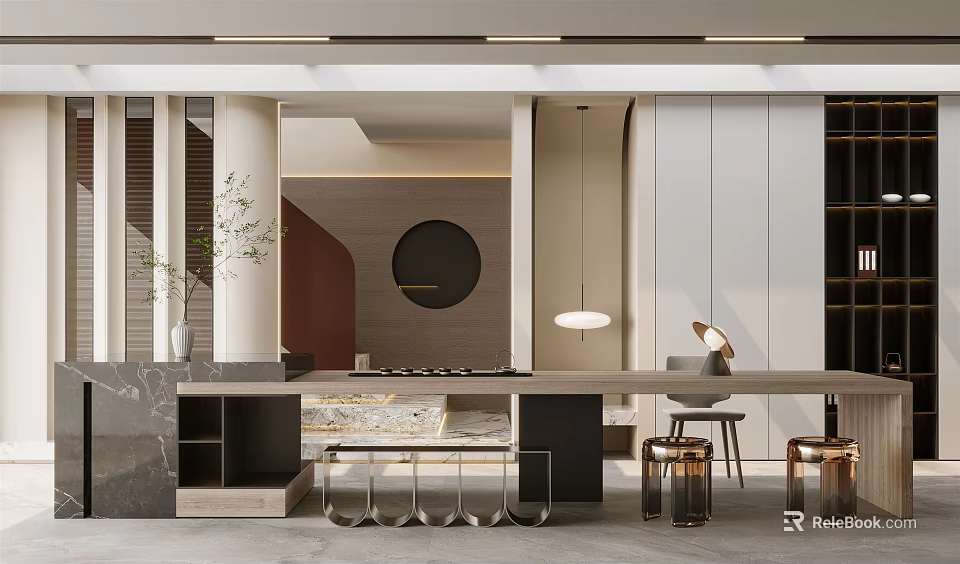 Elegant Modern Tea Room Interior Design With Wooden Table Circular Decor And Neutral Tones 3d model 