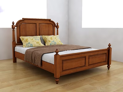 Classic Wooden Double Bed With Carved Headboard Yellow Patterned Pillows And Brown Blanket 3d model
