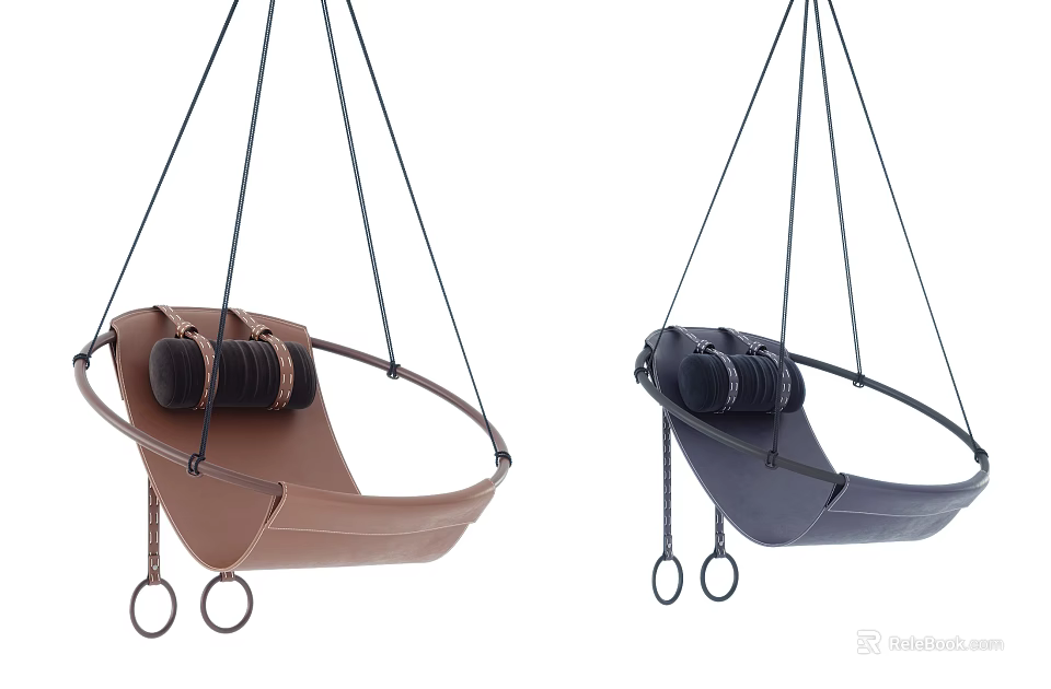 Hanging Chairs In Brown And Dark Gray With Ropes And Rings 3d model 