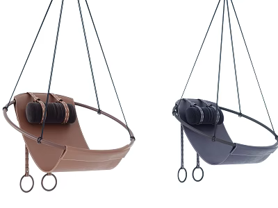 Hanging Chairs In Brown And Dark Gray With Ropes And Rings 3d model