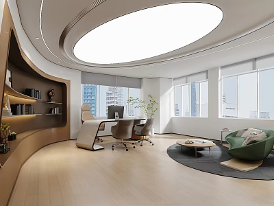Modern Open Office Interior With Round Ceiling Light Large Windows Wooden Bookshelf Desk And Plants 3d model