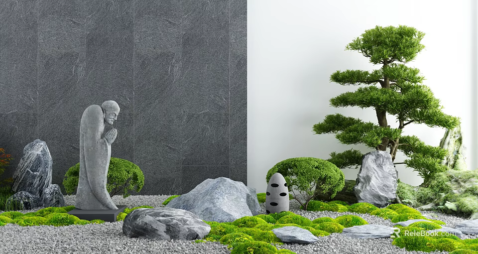 Zen Courtyard Garden With Stone Statue Bonsai Tree Moss Covered Ground Rocks And Gray Wall 3d model 