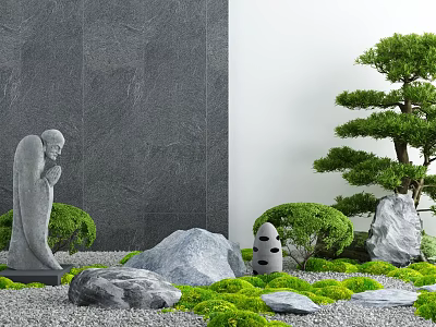 Zen Courtyard Garden With Stone Statue Bonsai Tree Moss Covered Ground Rocks And Gray Wall 3d model
