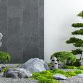 Zen Courtyard Garden With Stone Statue Bonsai Tree Moss Covered Ground Rocks And Gray Wall
