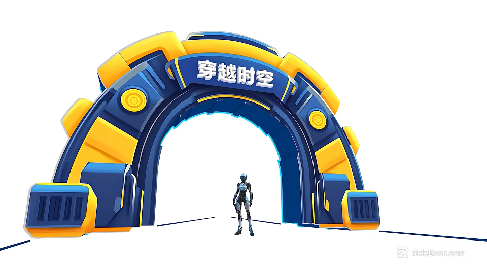 Futuristic Time Travel Event Gateway Featuring Blue Yellow Design And Standing Figure Beneath 3d model 
