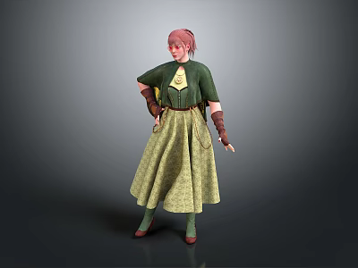 Woman With Pink Hair Wearing Green Top Yellow Apron Green Skirt And Brown Gloves 3d model