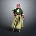 Woman With Pink Hair Wearing Green Top Yellow Apron Green Skirt And Brown Gloves