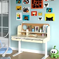 White Desk With Light Blue Wall Cat Paintings Table Lamp Photo Frame And Potted Plant