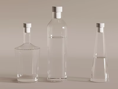 Transparent Glass Bottles With White Caps Various Shapes And Clear Liquid Inside 3d model