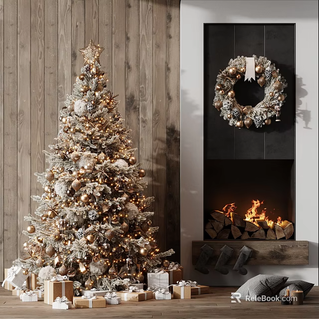 Floor Lamp In Warm Christmas Living Room With Tree And Fireplace 3d model 