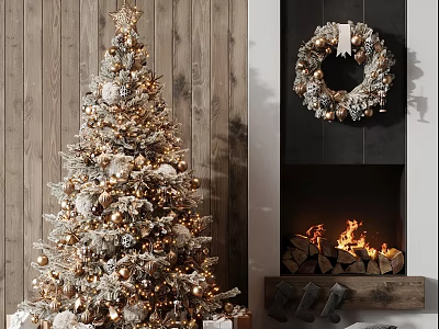 Floor Lamp In Warm Christmas Living Room With Tree And Fireplace 3d model