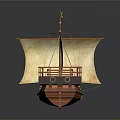 Wooden Sailing Ship Model Featuring Yellow Sails And Detailed Wooden Hull Design