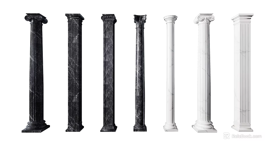 Various Decorative Classical Roman Columns in Black and White Marble Styles 3d model