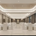 Modern Elegant Banquet Hall Interior With Tiered Ceiling Marble Floor And Neatly Arranged Banquet Furniture