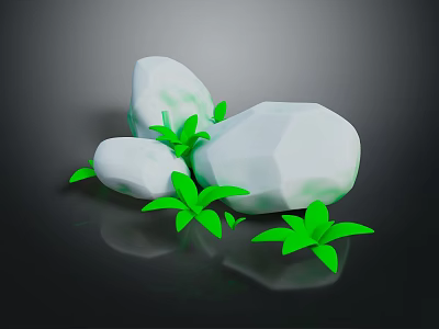 Natural Wood Elements and Polished White Stones with Vibrant Green Leaves in Modern Design 3d model