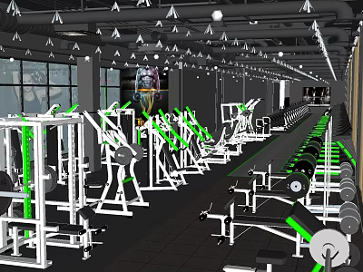 Spacious Well Lit Gym Interior With Weight Racks Dumbbells And Workout Benches 3d model
