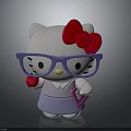 Cute White Cat with Red Bow Purple Glasses Red Apple Pink Notebook and Purple Dress