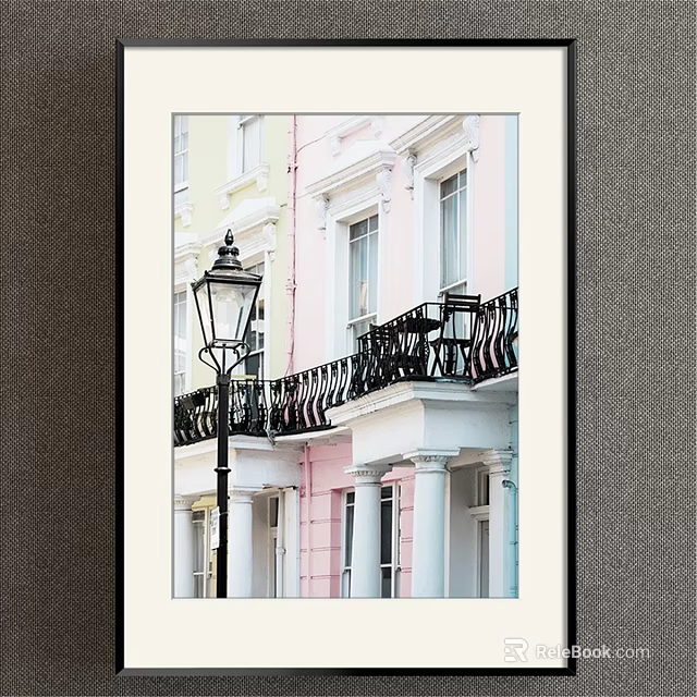 Vibrant Colorful Building Landscape Painting With Street Lamp And Iron Balconies 3d model 