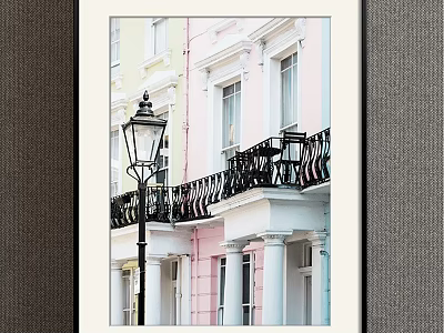 Vibrant Colorful Building Landscape Painting With Street Lamp And Iron Balconies 3d model