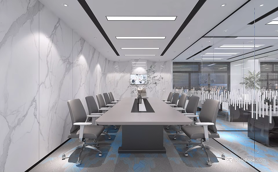 Modern Conference Room Interior Design With Long Table Chairs Marble Walls Glass Partitions And Ceiling Lights 3d model 