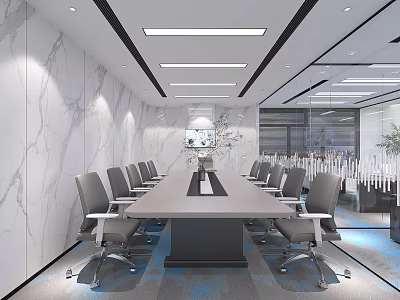 Modern Conference Room Interior Design With Long Table Chairs Marble Walls Glass Partitions And Ceiling Lights 3d model