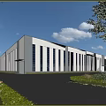 Modern Industrial Factory Building With Large Glass Windows And Surrounding Greenery