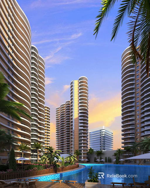 High Rise Modern Residential Buildings With Palm Trees And Orange Sunset Sky 3d model 