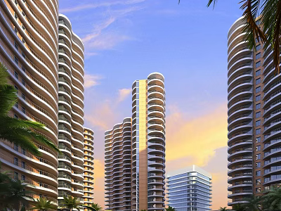 High Rise Modern Residential Buildings With Palm Trees And Orange Sunset Sky 3d model