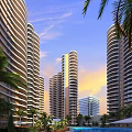 High Rise Modern Residential Buildings With Palm Trees And Orange Sunset Sky