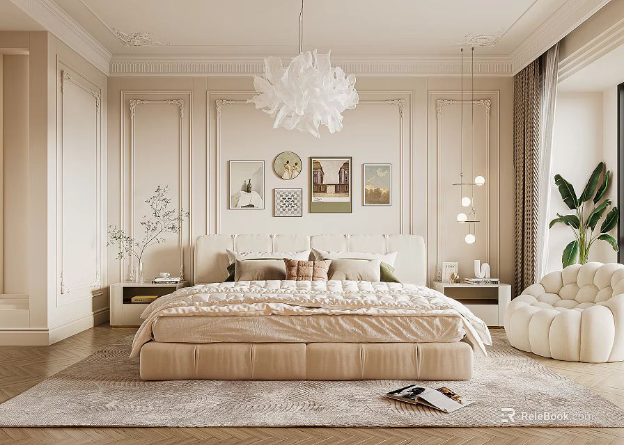 Elegant Bedroom With Beige Paneled Walls White Pendant Light Decorative Artworks Upholstered Bed Patterned Rug 3d model 