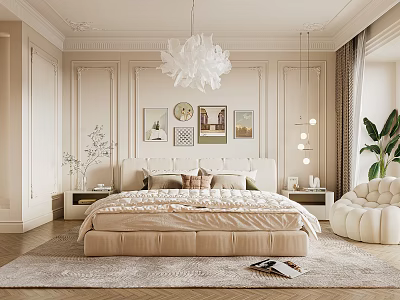 Elegant Bedroom With Beige Paneled Walls White Pendant Light Decorative Artworks Upholstered Bed Patterned Rug 3d model