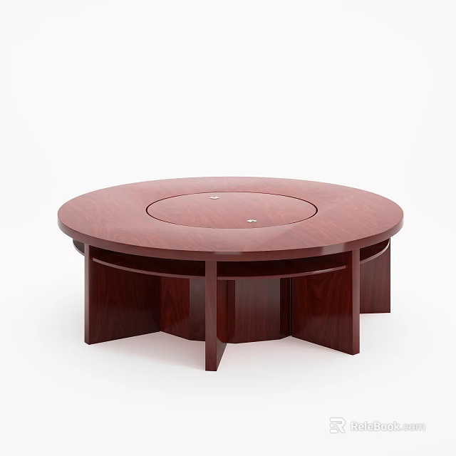 Dark Red Round Wooden Conference Table With Sturdy Base And Smooth Surface 3d model