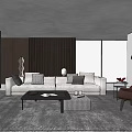 Modern Living Room Interior With Beige Sofa Checkered Cushions Black Coffee Table And City View