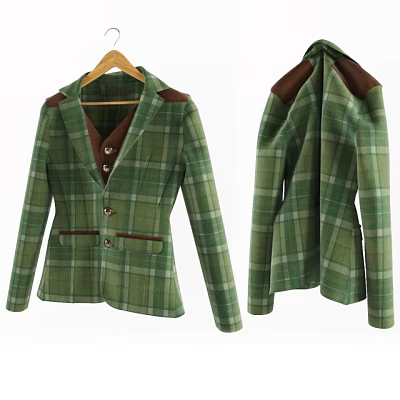 Classic Green Plaid Coat With Brown Shoulder Accents Pockets And Button Details 3d model