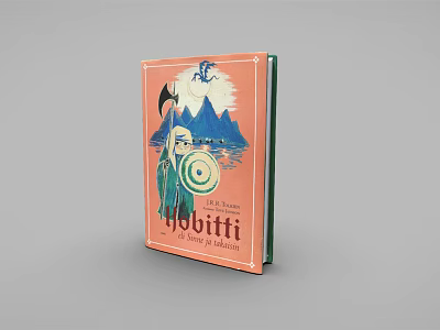 The Hobbit Book by J.R.R. Tolkien with Orange Cover Featuring Character Mountain and Water Illustrations 3d model