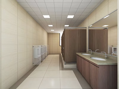 Modern Public Restroom Interior With Clean Stalls Sinks Mirrors And Lockers 3d model
