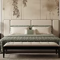 Double Bed Interior Design with Bamboo Patterned Wall Green Quilt and Foot Bench 3d model