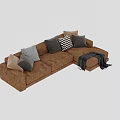 Comfortable Brown Leather Sectional Sofa with Gray Beige Checkered Pillows and Cozy Throw Blanket 3d model