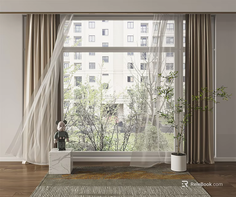 Sheer Curtains With Beige Drapes In Window Space With Potted Plant And Decorative Ornament 3d model 