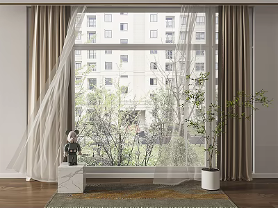 Sheer Curtains With Beige Drapes In Window Space With Potted Plant And Decorative Ornament 3d model