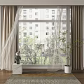 Sheer Curtains With Beige Drapes In Window Space With Potted Plant And Decorative Ornament