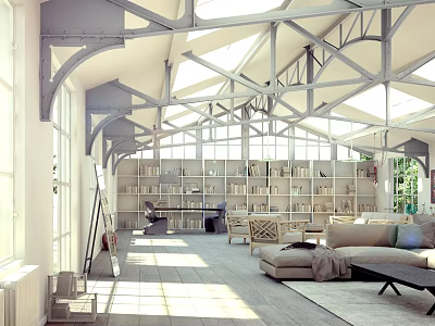 Bright Cozy Lounge Area Interior With Natural Light Bookshelves And Comfortable Sofa 3d model