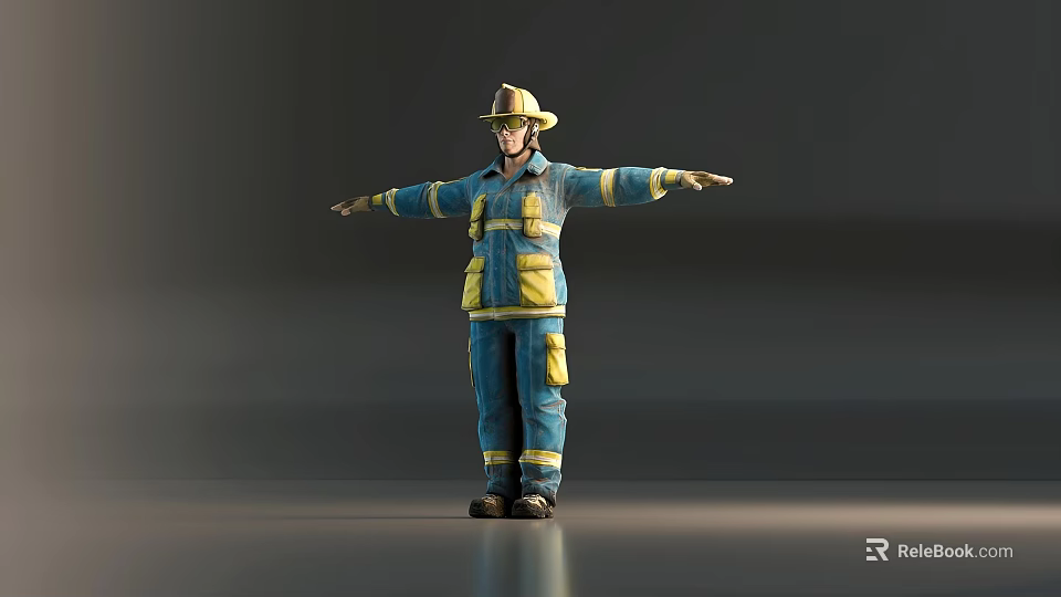 Man in Firefighter Uniform Standing with Arms Outstretched Against Dark Background 3d model 