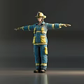 Man in Firefighter Uniform Standing with Arms Outstretched Against Dark Background