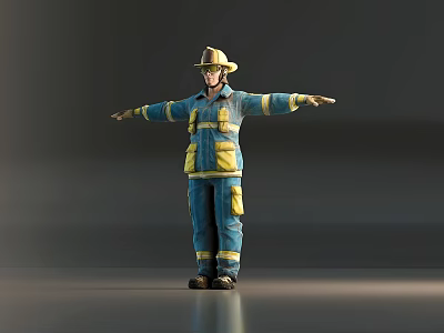 Man in Firefighter Uniform Standing with Arms Outstretched Against Dark Background 3d model